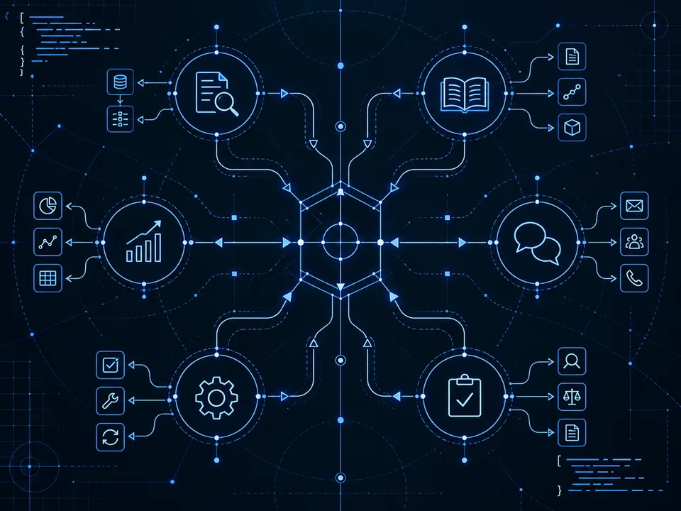 Six specialized agent roles connected by an orchestration network with distinct tools and handoffs